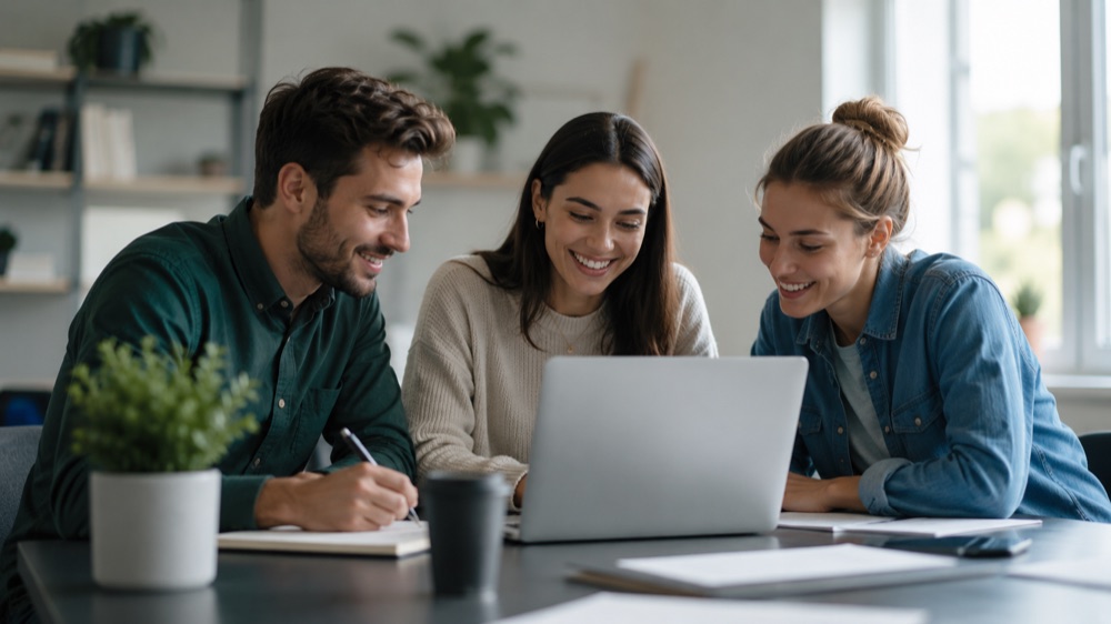 Studierende arbeiten gemeinsam am Laptop