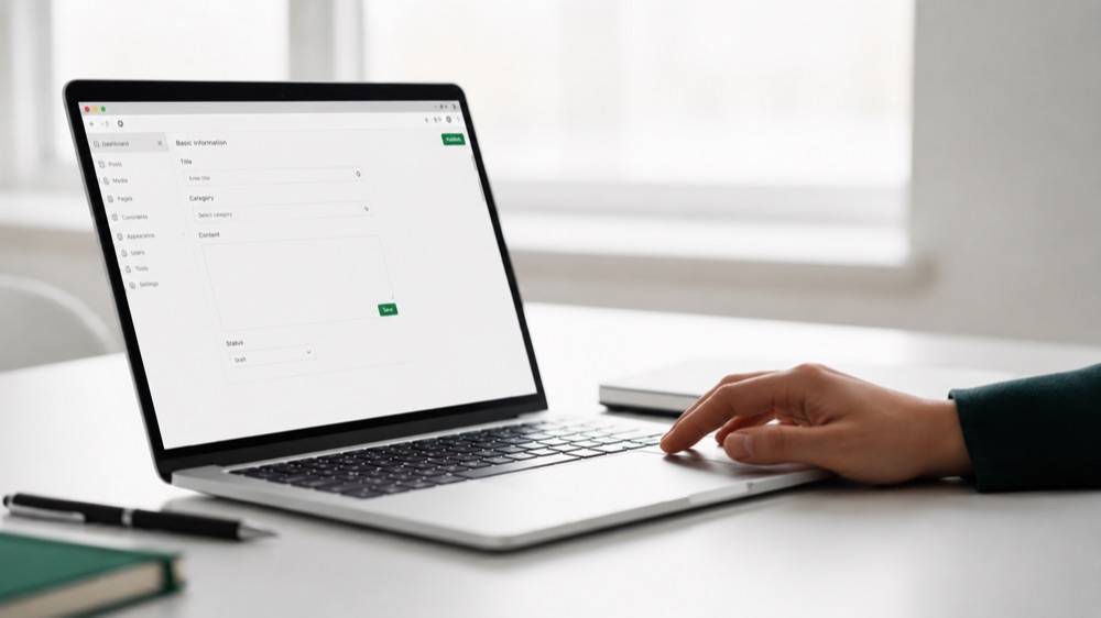Person arbeitet am Laptop an einem aufgeräumten Schreibtisch