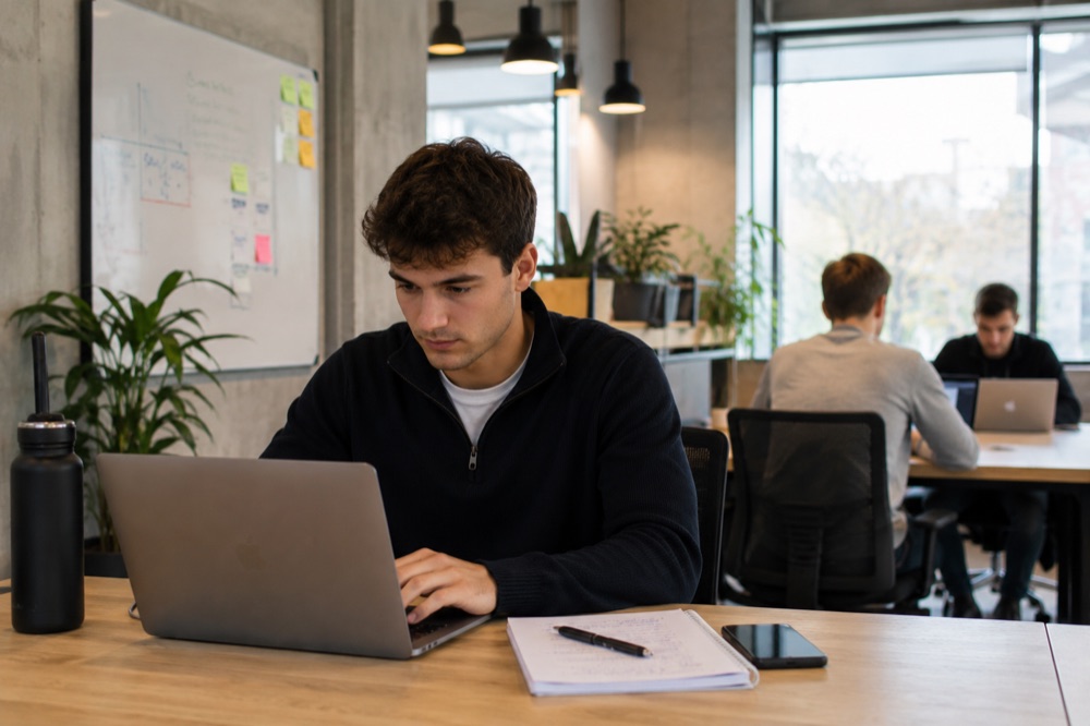 Werkstudent am Laptop mit Unterlagen