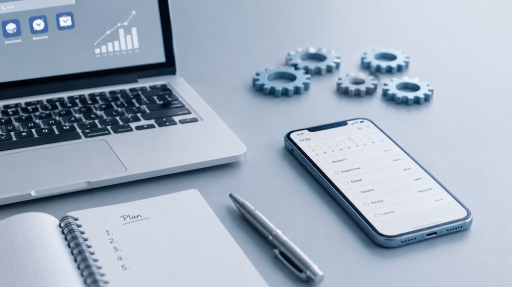 Schreibtisch mit Diagrammen, Zahlen und Finanzplanung